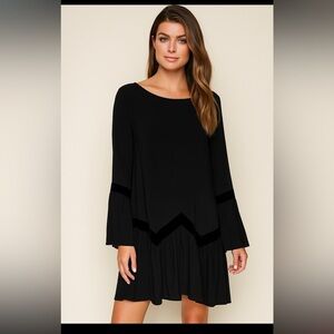Muche Muchette Black Crepe Velvet Panel Bell Sleeve Dress